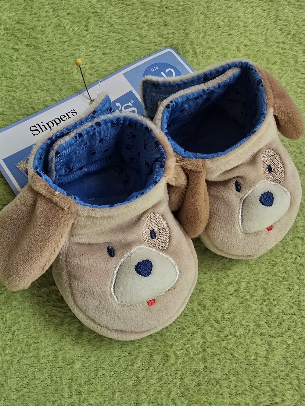 NWT  6-12M Baby BOYS - Brown PUPPY DOG PLUSH SLIPPERS + BLUE PAW Interior (Q10)